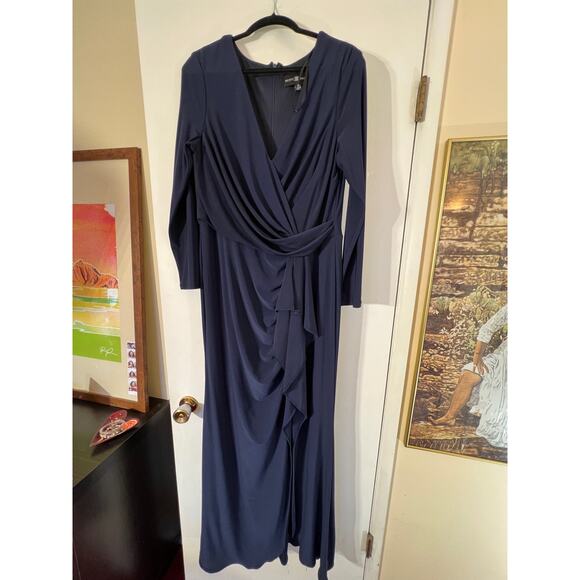 Betsy & Adam Navy Stretch V Neck Long Sleeve Ruffle Prom Maxi Dress Womens 16 - Picture 2 of 12